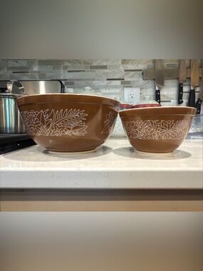 Pyrex Brown Mixing Bowls with White Floral Pattern
